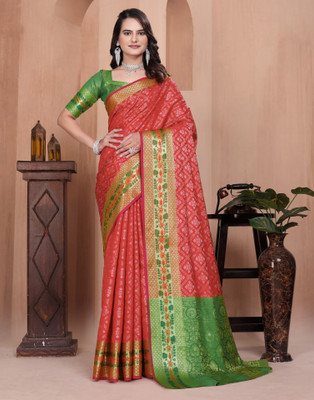 Satrani Woven Banarasi Silk Blend Saree(Red, Gold)
