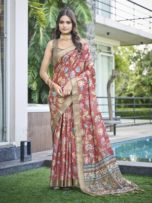 RekhaManiyar Printed Bollywood Silk Blend Saree(Brown)