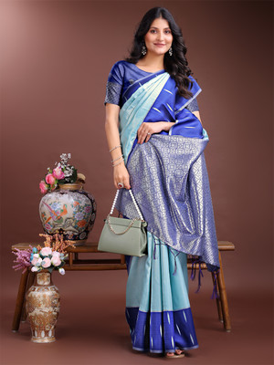 Tasrika Self Design Banarasi Cotton Silk Saree(Blue)