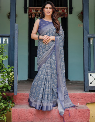 all about you Blocked Printed, Geometric Print, Embellished Bollywood Linen Saree(Blue)