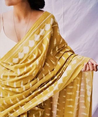 LOVWEAR Printed, Color Block, Blocked Printed, Hand Painted Ikkat Pure Cotton Saree(Mustard)