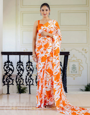 Samah Digital Print, Printed, Embellished Bollywood Georgette Saree(White, Orange)