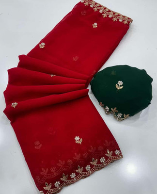 ShopGlobal Embroidered Bollywood Georgette Saree(Red)