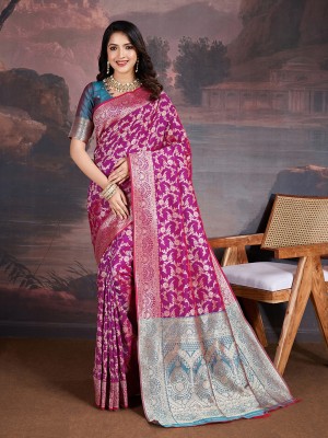 House of Pataudi Woven Banarasi Silk Blend Saree(Magenta)