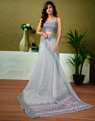Samah Floral Print, Printed, Embellished Bollywood Linen Saree(Grey, White)