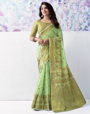 Samah Woven, Self Design Banarasi Cotton Silk, Jacquard Saree(Light Green, Gold)