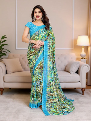 SmittenSmit Printed Bollywood Georgette Saree(Green)