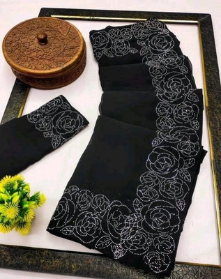 Harbhole Lace Border Self Design, Solid/Plain Bollywood Georgette Saree(Black)