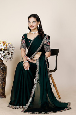 SAADHYA CREATION Embroidered, Solid/Plain Bollywood Chiffon Saree(Dark Green)