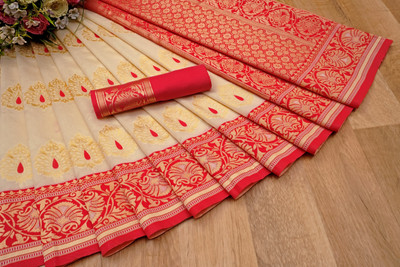 ESOMIC Woven Banarasi Pure Silk Saree(Cream)