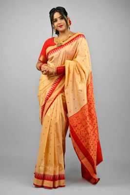 Tilfelle Woven, Temple Border Sambalpuri Silk Blend Saree(Cream, Red)
