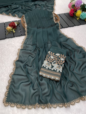 K 5 FASHION Embellished, Solid/Plain Bollywood Georgette Saree(Blue)