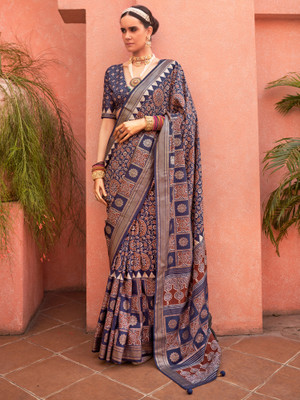 Sareemall Woven Banarasi Silk Blend Saree(Dark Blue)