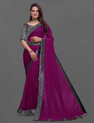 SOMVATI Embellished Bollywood Chiffon Saree(Magenta, Black, White)