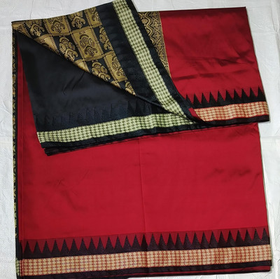 Cirkirow Temple Border, Solid/Plain Sambalpuri Handloom Art Silk Saree(Maroon)