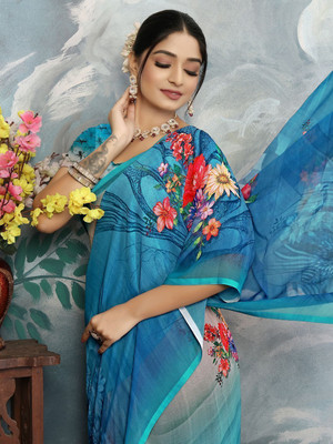 ZAMUNA Floral Print, Digital Print Daily Wear Georgette Saree(Blue)