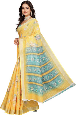 PRTRENDZ Printed Kanjivaram Pure Cotton, Cotton Linen Saree(Yellow)