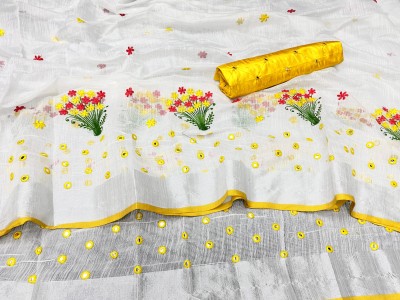 Primesky Floral Print Daily Wear Cotton Linen Saree(Yellow, White)