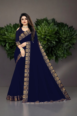 Volmina Solid/Plain Chanderi Cotton Blend Saree(Dark Blue)