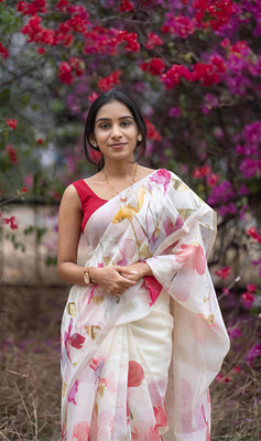 VCREATION Digital Print Bollywood Cotton Linen Saree(White)