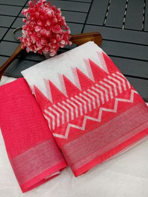 HouseOfCommon Printed Kanjivaram Pure Cotton, Cotton Linen Saree(White, Red)