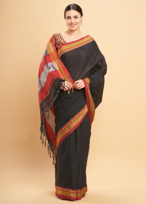 Manvish Drapes Woven, Solid/Plain Ilkal Cotton Silk Saree(Black)