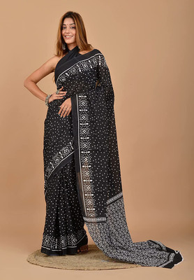 DASTKARPRINT Printed, Color Block, Blocked Printed, Floral Print, Dyed Daily Wear Pure Cotton Saree(Black)