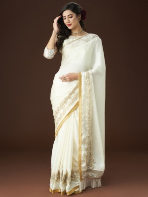 KASEE Solid/Plain Bollywood Satin Saree(White)