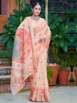 Tasrika Digital Print Leheria Cotton Linen Saree(Yellow)