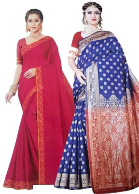 Shree Shyam Collection Solid/Plain Banarasi Pure Silk Saree(Pack of 2, Blue)