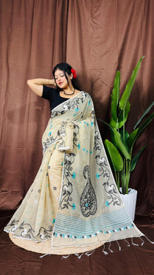 Pasum's Self Design, Embroidered, Woven, Floral Print Jamdani Cotton Silk Saree(Light Blue)