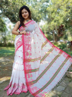 AjoyDas Self Design Handloom Pure Cotton Saree(White)