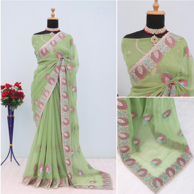 EthnicAura Embroidered Bollywood Silk Blend Saree(Light Green)