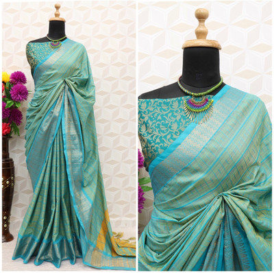 HouseOfCommon Self Design, Temple Border, Striped, Woven, Solid/Plain Bollywood Jacquard, Cotton Silk Saree(Light Green)