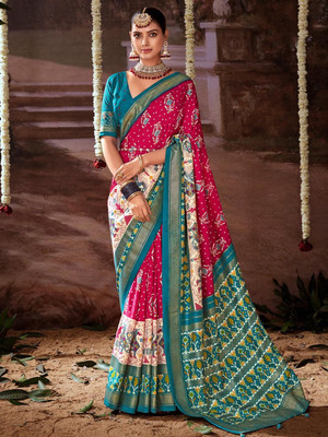 ANOUK Printed Pochampally Tussar Silk Saree(Pink)