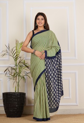 Suruchi Printed, Blocked Printed Daily Wear Cotton Blend, Cotton Silk Saree(Green, Cream, Blue)