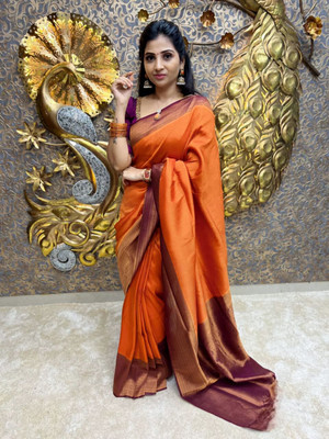 Handsel Woven Banarasi Jacquard, Silk Blend Saree(Orange)
