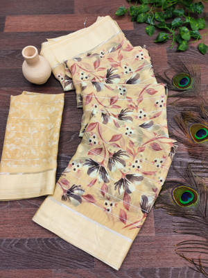 Anand Sarees Printed Saree with Attached Blouse Georgette, Satin Saree(Beige)