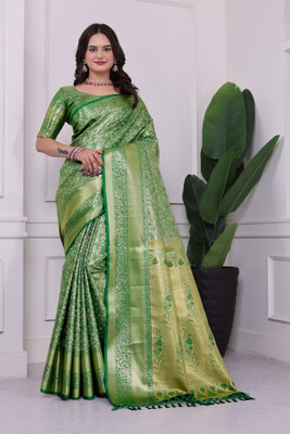 rangbhakti Woven Banarasi Silk Blend, Dupion Silk Saree(Orange, Gold, Pink)