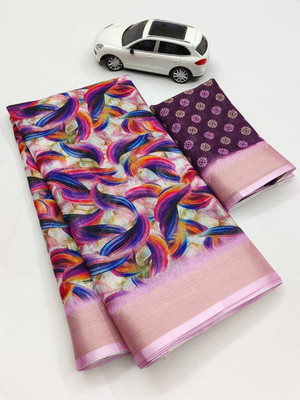 HouseOfCommon Printed Kanjivaram Cotton Linen, Linen Saree(Purple)