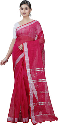 SUBHO SAREE CENTRE Woven, Solid/Plain Handloom Pure Cotton Saree(Magenta, Silver)