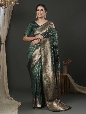 Sareemall Woven Banarasi Silk Blend Saree(Dark Green)