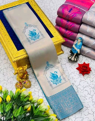 MUKHITA Woven Kanjivaram Silk Blend Saree(Light Blue)