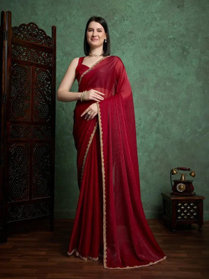 OnlllineBazaaar Embellished, Embroidered, Solid/Plain Bollywood Chiffon, Pure Silk Saree(Maroon)