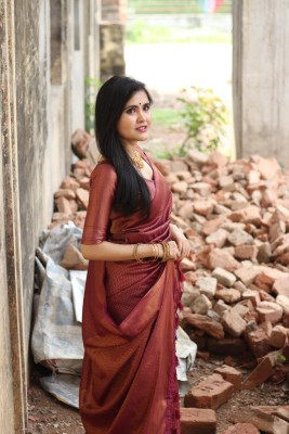 KRIYANSH Woven, Printed, Applique, Embellished Kanjivaram Cotton Blend, Jacquard Saree(Maroon)