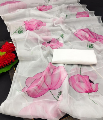 G JELLY FASHION TREE Floral Print, Printed Bollywood Organza Saree(White)