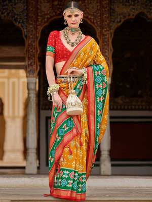 ANOUK Printed Pochampally Silk Blend Saree(Mustard)