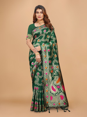 TTEJAL CREATION Self Design Kanjivaram Pure Silk Saree(Green)