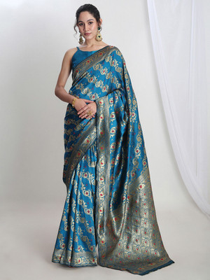 Janasya Woven Banarasi Silk Blend Saree(Blue)