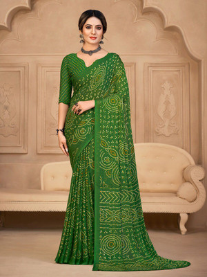 ANOUK Printed Bandhani Chiffon Saree(Green)
